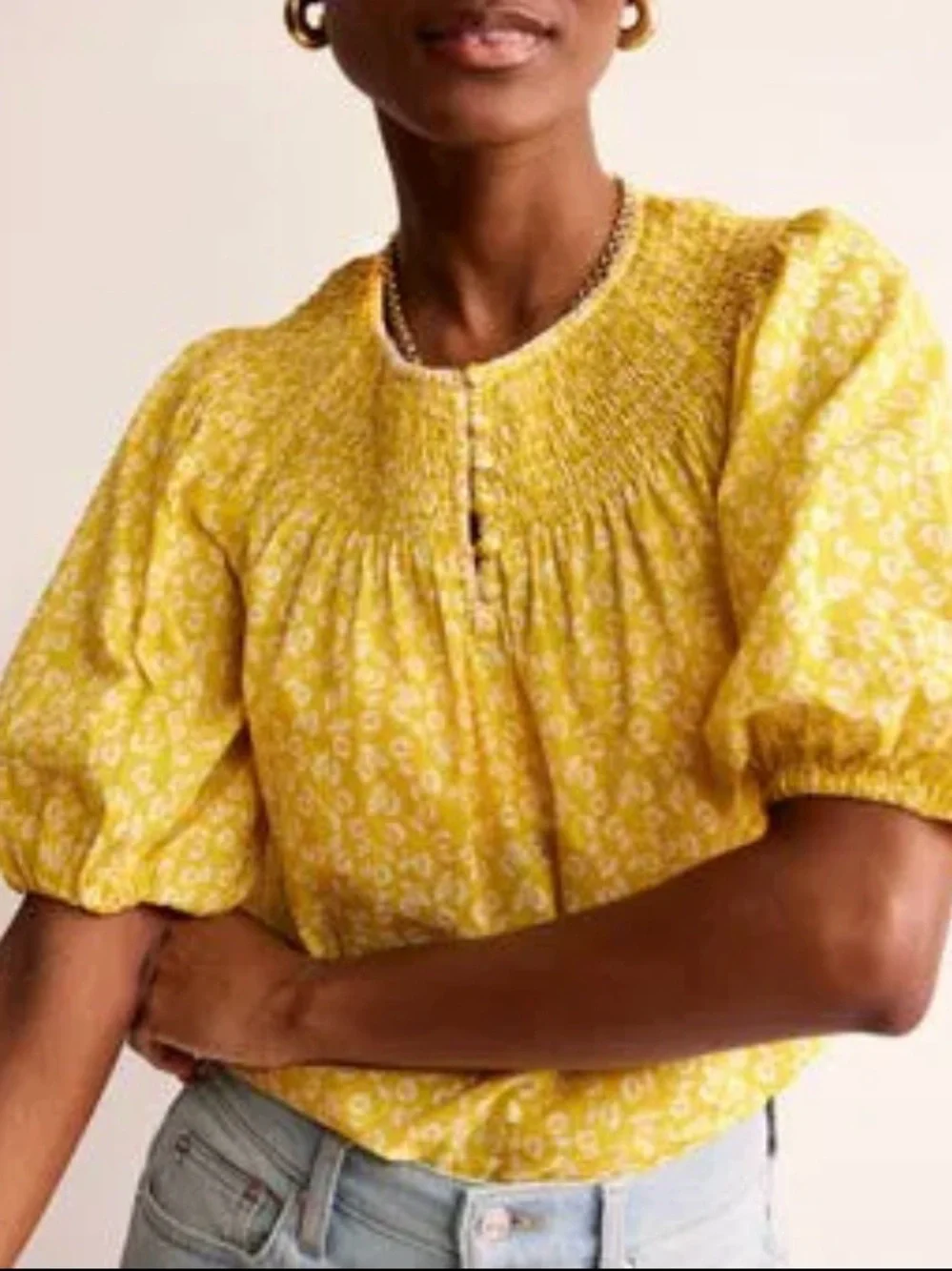 Boden Yellow Puff-Sleeve Smocked Yoke Blouse